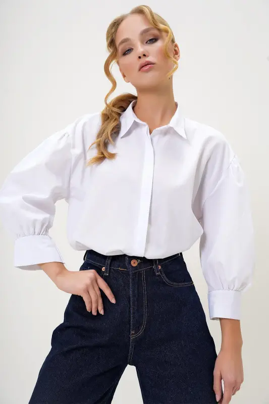 Women's White Balloon Sleeve Hidden Button Basic Poplin Shirt ALC-X9654 - 2