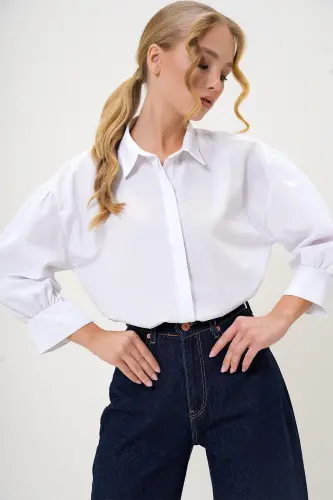 Women's White Balloon Sleeve Hidden Button Basic Poplin Shirt ALC-X9654 - 3