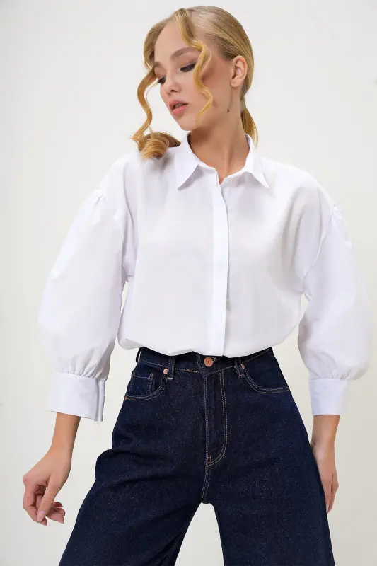 Women's White Balloon Sleeve Hidden Button Basic Poplin Shirt ALC-X9654 - 6