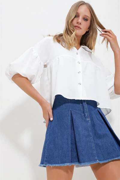 Women's White Balloon Sleeve Roba Ruched Kubra Cotton Crop Shirt ALC-X11624 - TREND ALAÇATI STILI