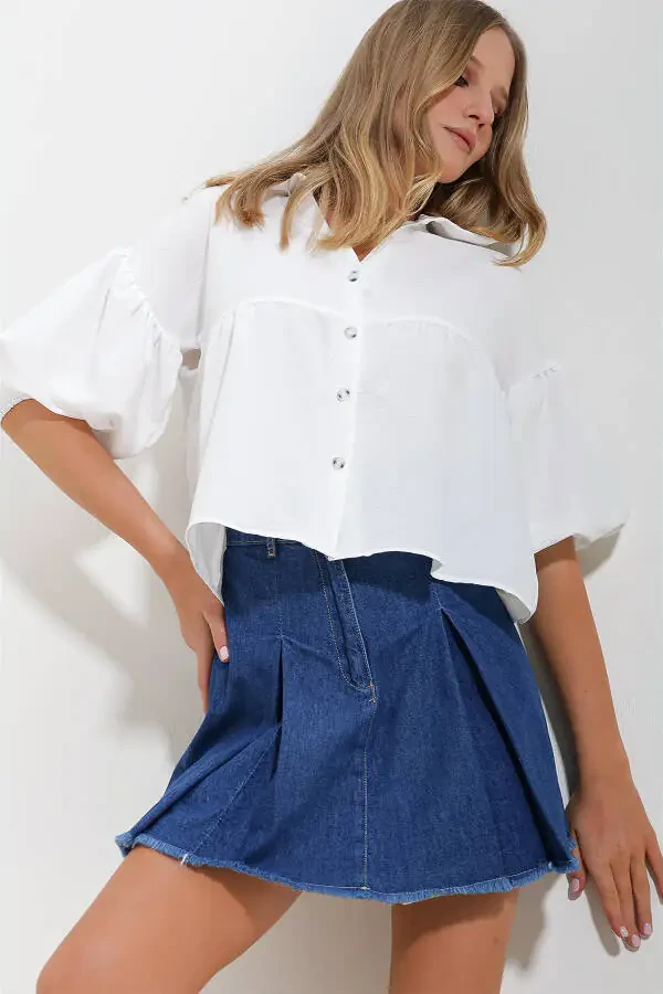 Women's White Balloon Sleeve Roba Ruched Kubra Cotton Crop Shirt ALC-X11624 - 2