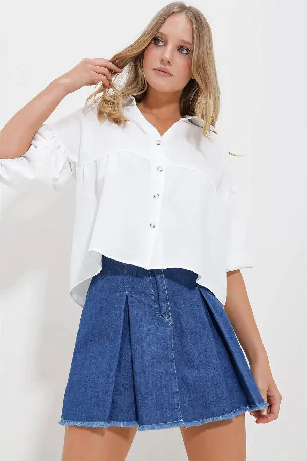 Women's White Balloon Sleeve Roba Ruched Kubra Cotton Crop Shirt ALC-X11624 - 3