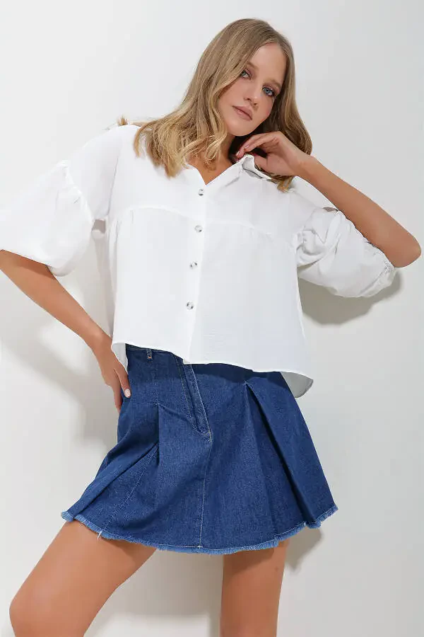 Women's White Balloon Sleeve Roba Ruched Kubra Cotton Crop Shirt ALC-X11624 - 4