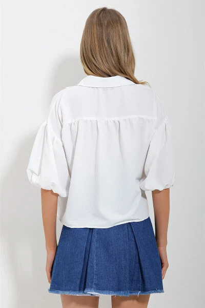 Women's White Balloon Sleeve Roba Ruched Kubra Cotton Crop Shirt ALC-X11624 - 5