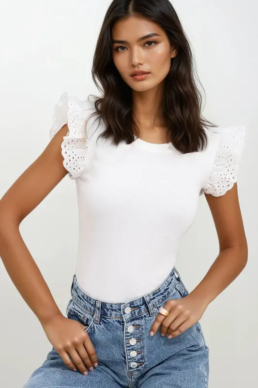Women's White Bicycle Collar Sleeved Ruffled Blouse ALC-X11579 - TREND ALAÇATI STILI