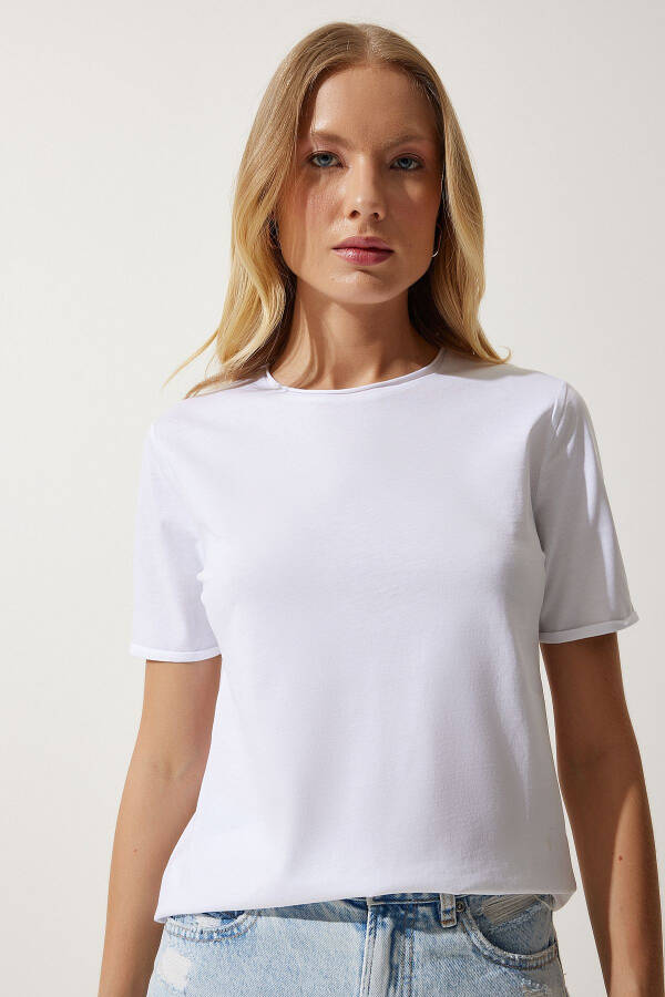 Women's White Bicycle Neck Basic Knit T-Shirt UB00229 - 3
