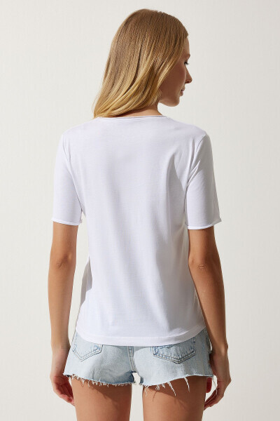 Women's White Bicycle Neck Basic Knit T-Shirt UB00229 - 5