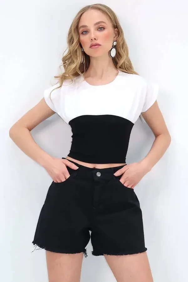 Women's White Black Crew Neck Color Block Blouse ALC-X11783 - 3