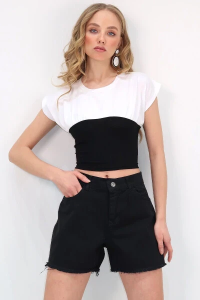 Women's White Black Crew Neck Color Block Blouse ALC-X11783 - 4