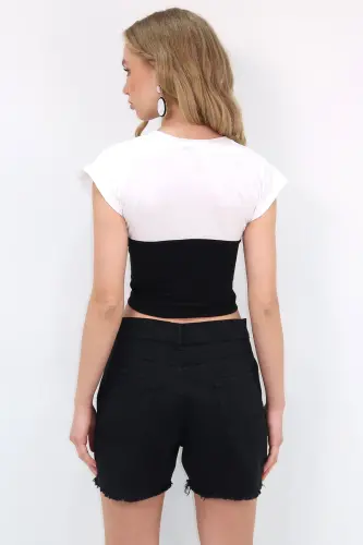 Women's White Black Crew Neck Color Block Blouse ALC-X11783 - 7