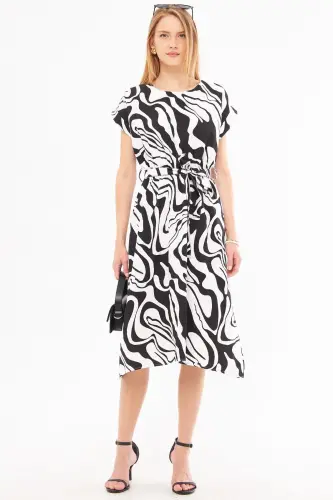 Women's White-Black Elastic Waistband Tie Detailed Patterned Dress ARM-22Y001044-White - 2
