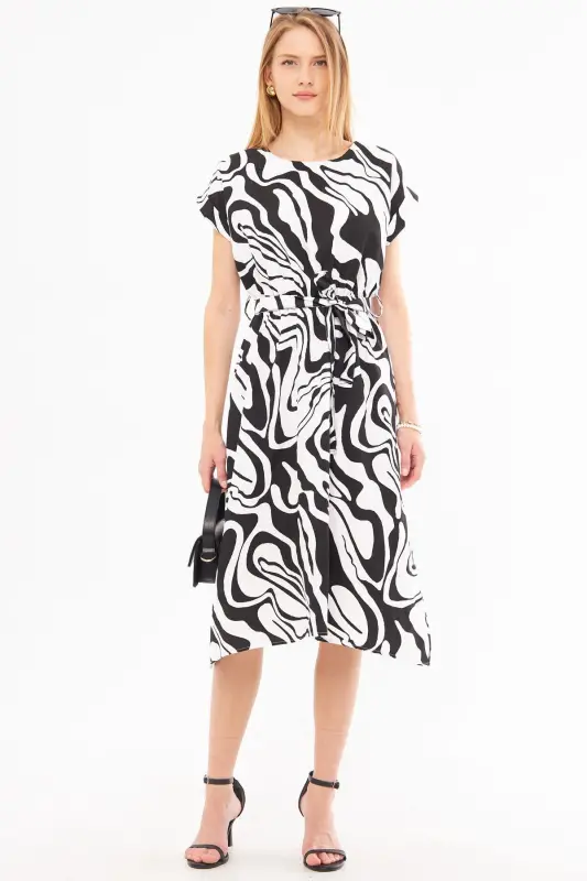 Women's White-Black Elastic Waistband Tie Detailed Patterned Dress ARM-22Y001044-White - 2