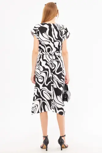 Women's White-Black Elastic Waistband Tie Detailed Patterned Dress ARM-22Y001044-White - 5
