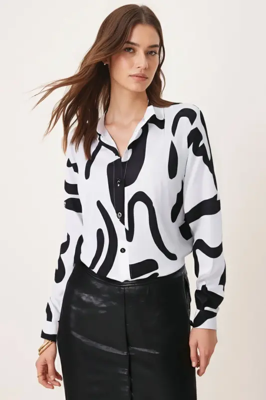 Women's White-Black Patterned Long-Sleeve Blouse ARM-24K0 - 1