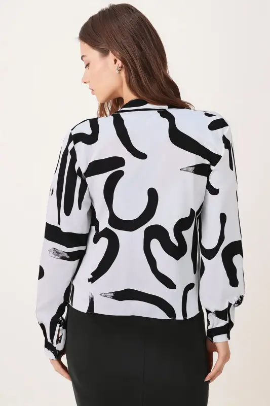 Women's White-Black Patterned Long-Sleeve Blouse ARM-24K0 - 4