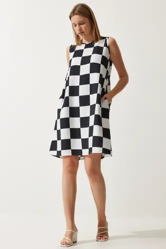 Women's White Black Patterned Summer Bell Dress BV00053-White Black - HAPPINESS İSTANBUL (1)