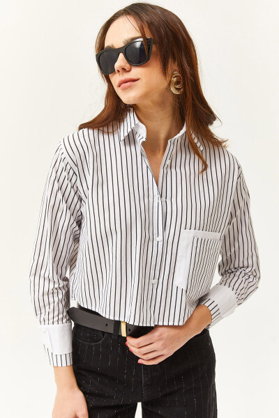 Women's White Black Pocket and Cuff Detail Striped Crop Shirt GML-19001169 - 1