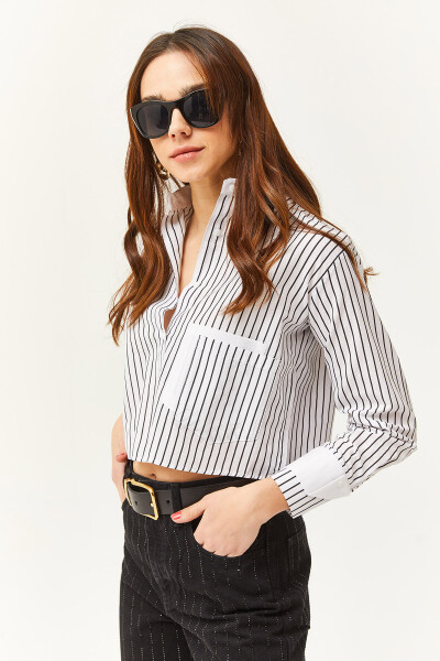 Women's White Black Pocket and Cuff Detail Striped Crop Shirt GML-19001169 - 2