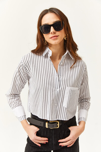 Women's White Black Pocket and Cuff Detail Striped Crop Shirt GML-19001169 - 3