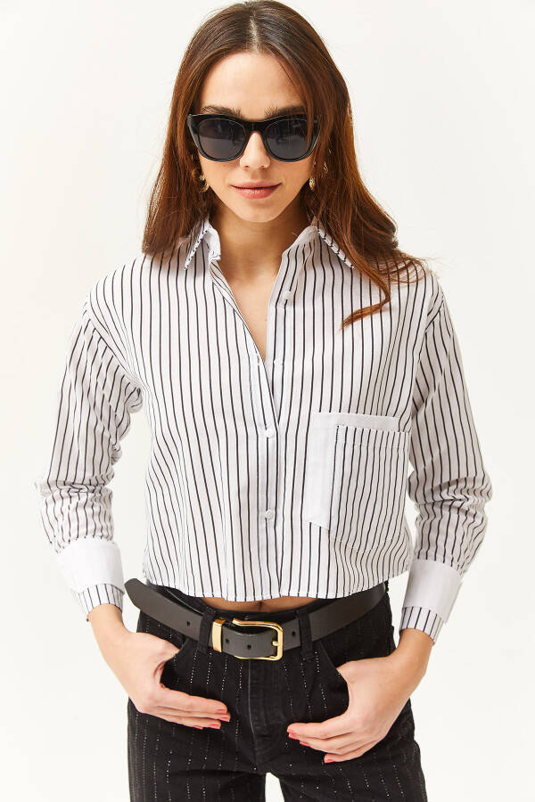 Women's White Black Pocket and Cuff Detail Striped Crop Shirt GML-19001169 - 4