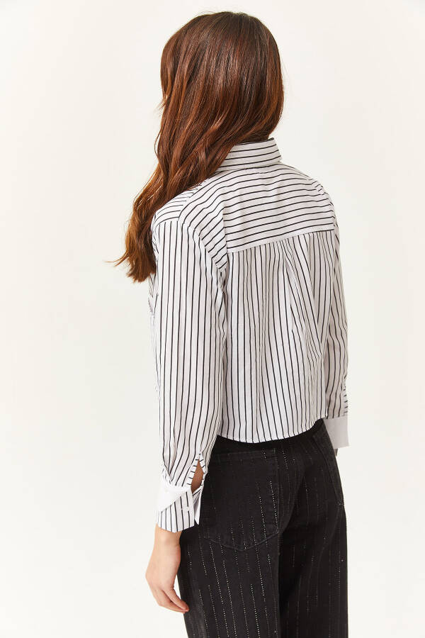 Women's White Black Pocket and Cuff Detail Striped Crop Shirt GML-19001169 - 6