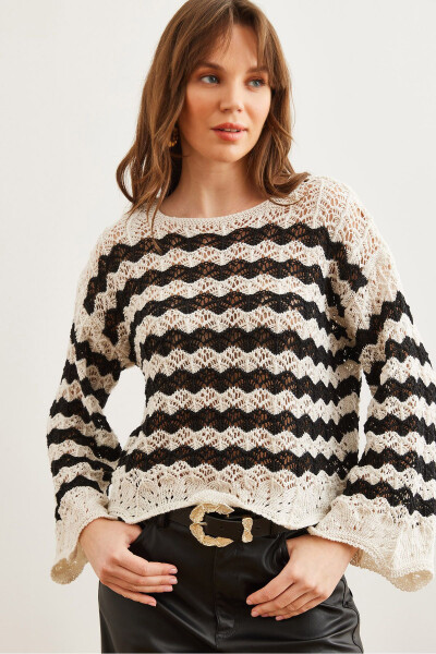 Women's White Black Wave Striped Openwork Knitted Blouse BLZ-19002811 - OLALOOK