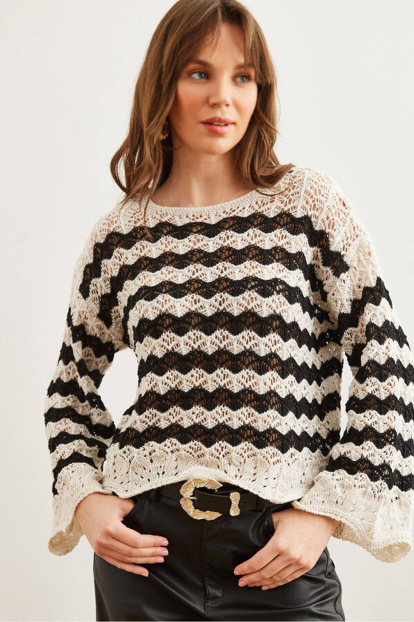 Women's White Black Wave Striped Openwork Knitted Blouse BLZ-19002811 - 1