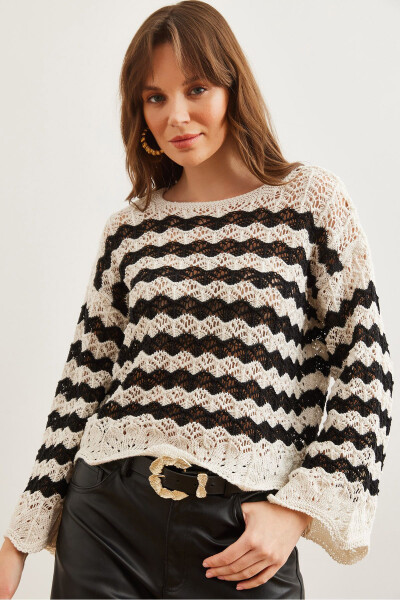 Women's White Black Wave Striped Openwork Knitted Blouse BLZ-19002811 - OLALOOK (1)