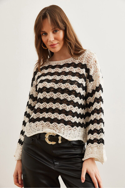Women's White Black Wave Striped Openwork Knitted Blouse BLZ-19002811 - 3