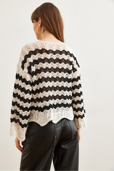 Women's White Black Wave Striped Openwork Knitted Blouse BLZ-19002811 - 5