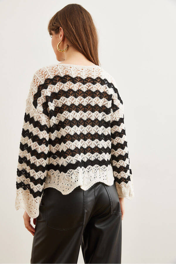 Women's White Black Wave Striped Openwork Knitted Blouse BLZ-19002811 - 5