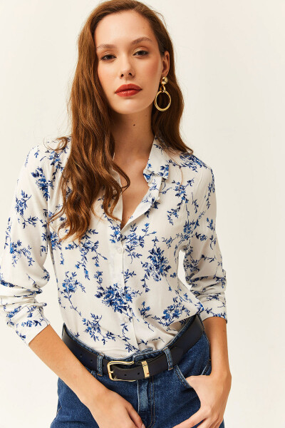 Women's White Blue Floral Printed Woven Viscose Shirt GML-19001162 - 1