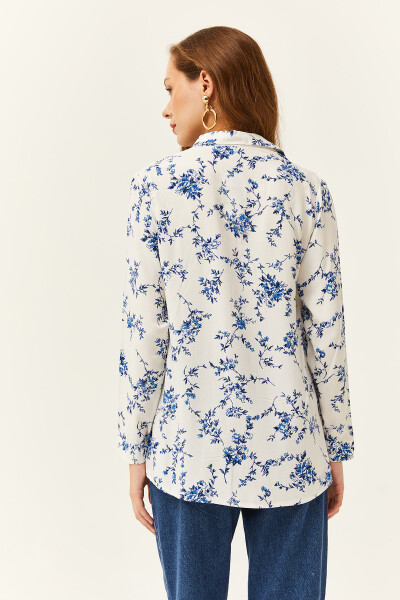 Women's White Blue Floral Printed Woven Viscose Shirt GML-19001162 - 2