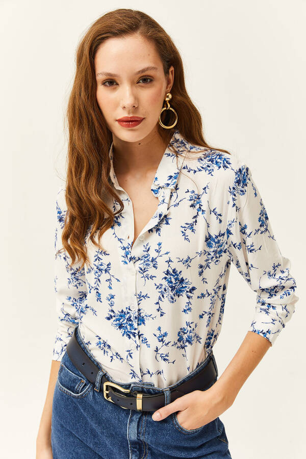 Women's White Blue Floral Printed Woven Viscose Shirt GML-19001162 - 3