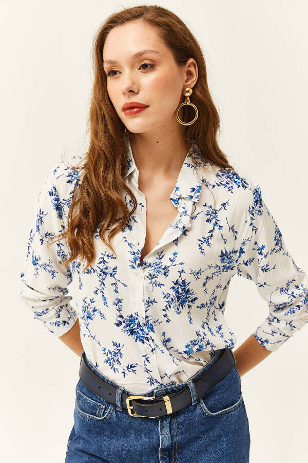 Women's White Blue Floral Printed Woven Viscose Shirt GML-19001162 - 4