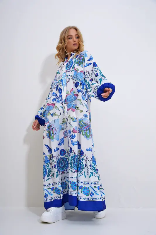 Women's White-Blue Mandarin Collar Shawl Patterned Maxi Dress ALC-X11593-WHITE - 5