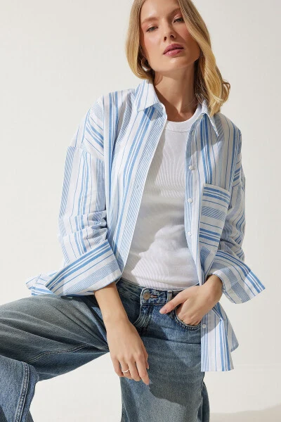 Women's White Blue Striped Cotton Oversize Shirt HK00034 - HAPPINESS İSTANBUL