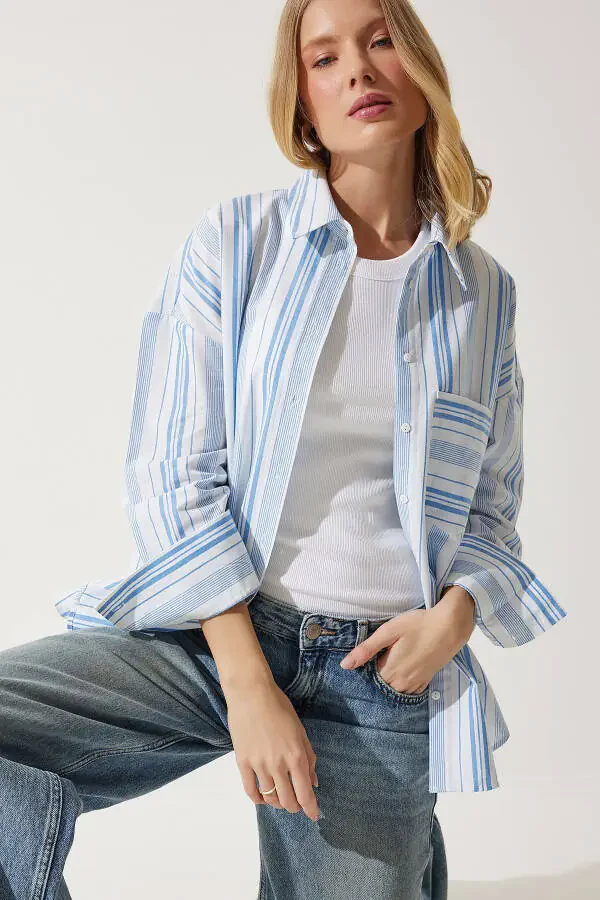 Women's White Blue Striped Cotton Oversize Shirt HK00034 - 1