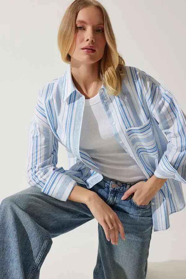 Women's White Blue Striped Cotton Oversize Shirt HK00034 - 2