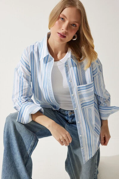 Women's White Blue Striped Cotton Oversize Shirt HK00034 - 3