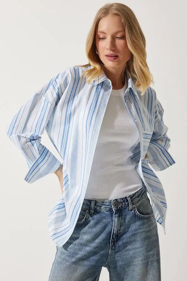 Women's White Blue Striped Cotton Oversize Shirt HK00034 - 4