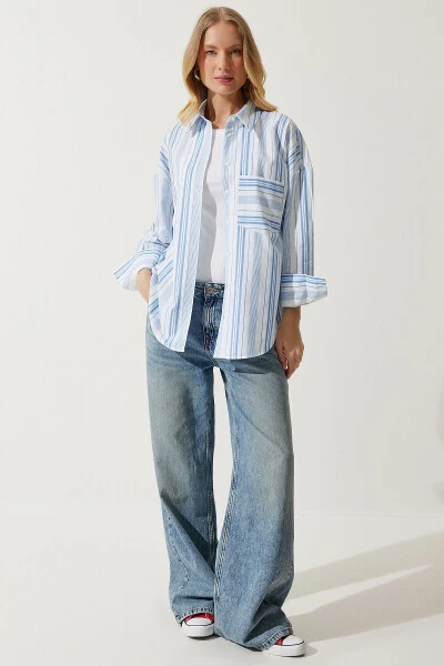 Women's White Blue Striped Cotton Oversize Shirt HK00034 - 6