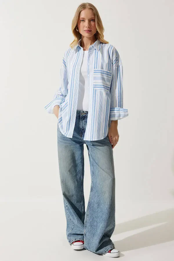 Women's White Blue Striped Cotton Oversize Shirt HK00034 - 6