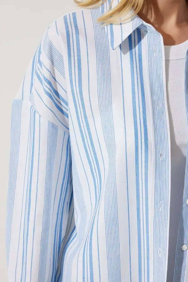 Women's White Blue Striped Cotton Oversize Shirt HK00034 - 7