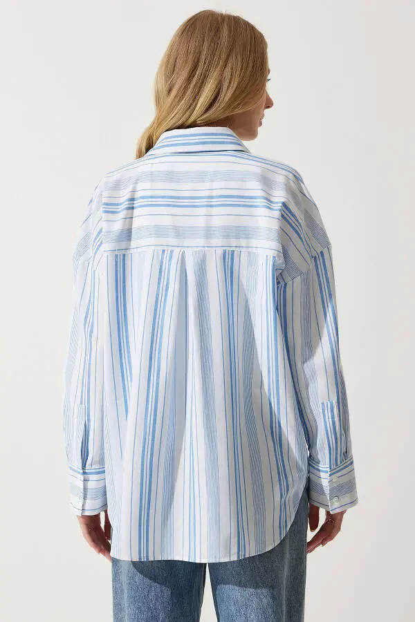 Women's White Blue Striped Cotton Oversize Shirt HK00034 - 8