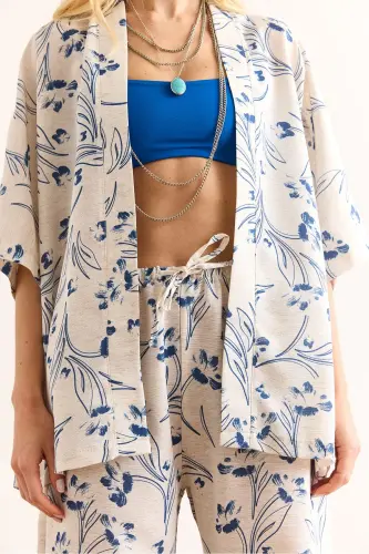 Women's White Blue Top Kimono Bottom Pocketed Palazzo Pant - 5