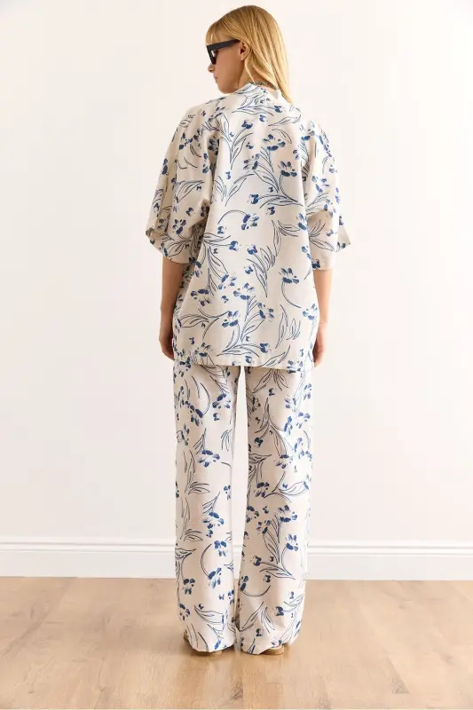 Women's White Blue Top Kimono Bottom Pocketed Palazzo Pant - 6