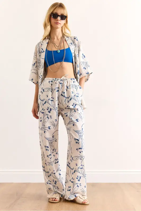 Women's White Blue Top Kimono Bottom Pocketed Palazzo Pant - OLALOOK