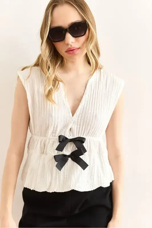 Women's White Bow Detailed Textured Blue Bottom Jumpsuit - 1