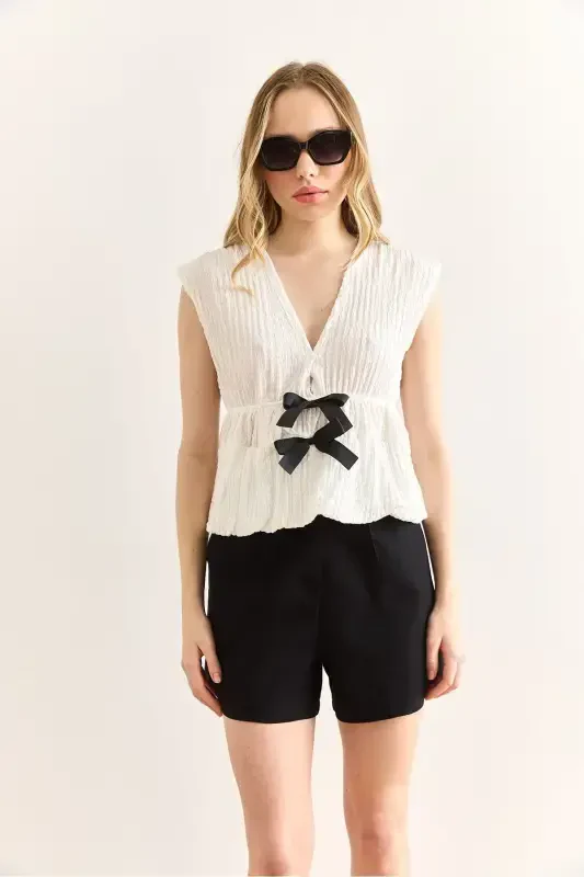 Women's White Bow Detailed Textured Blue Bottom Jumpsuit - 2